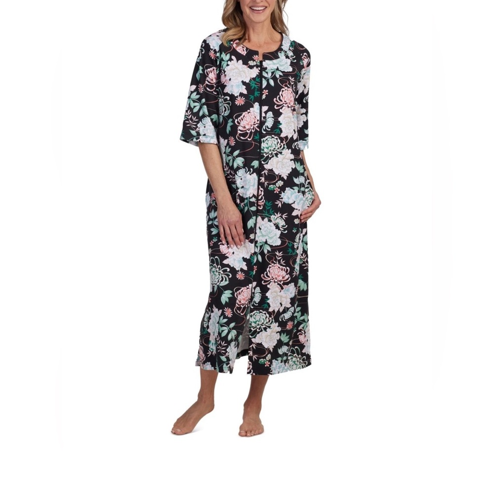 Miss Elaine Women's Printed 3/4-Sleeve Zip-Front Robe - Seaside S